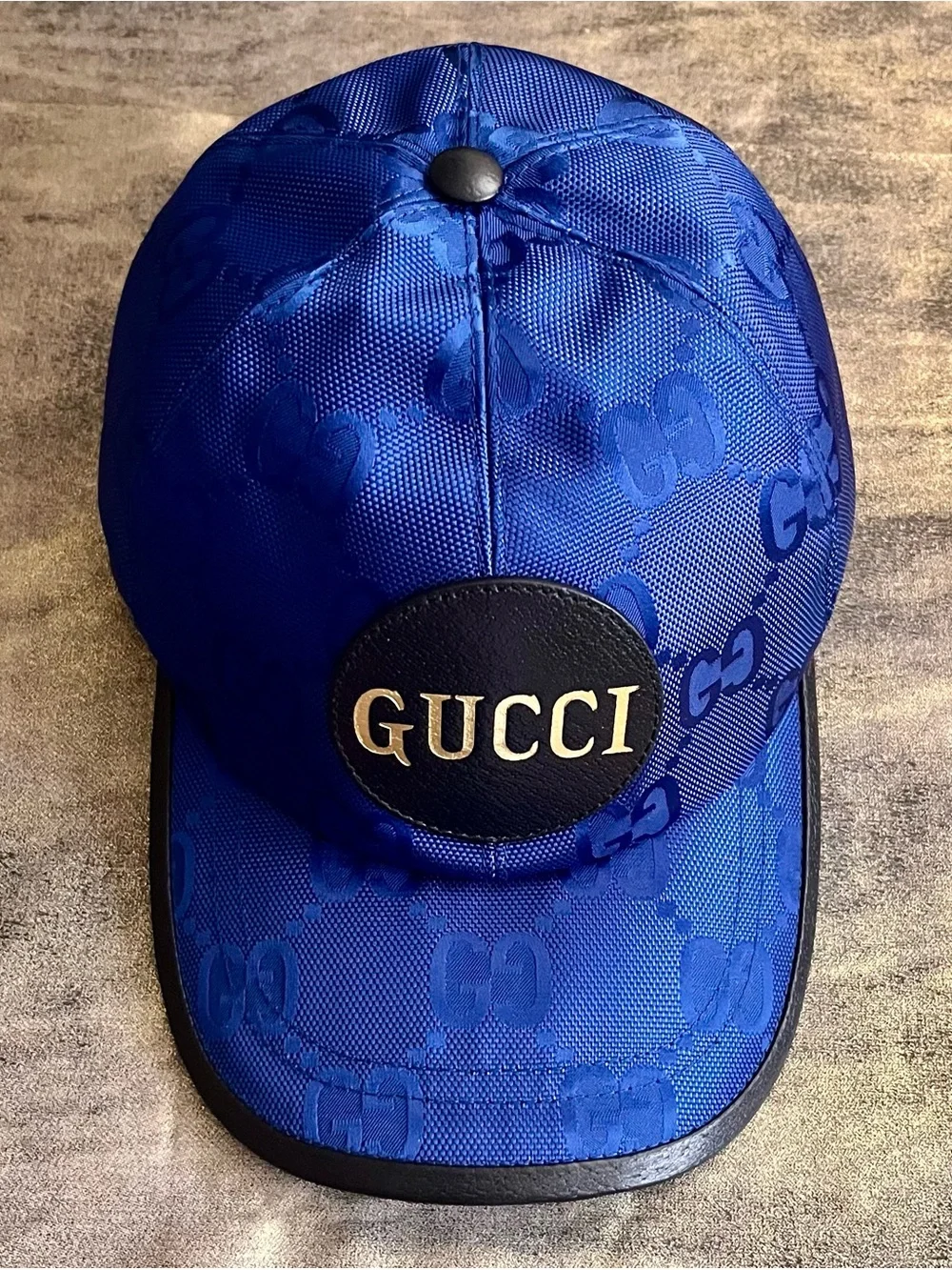 Gucci Blue GG Logo Cap with Black Leather Patch